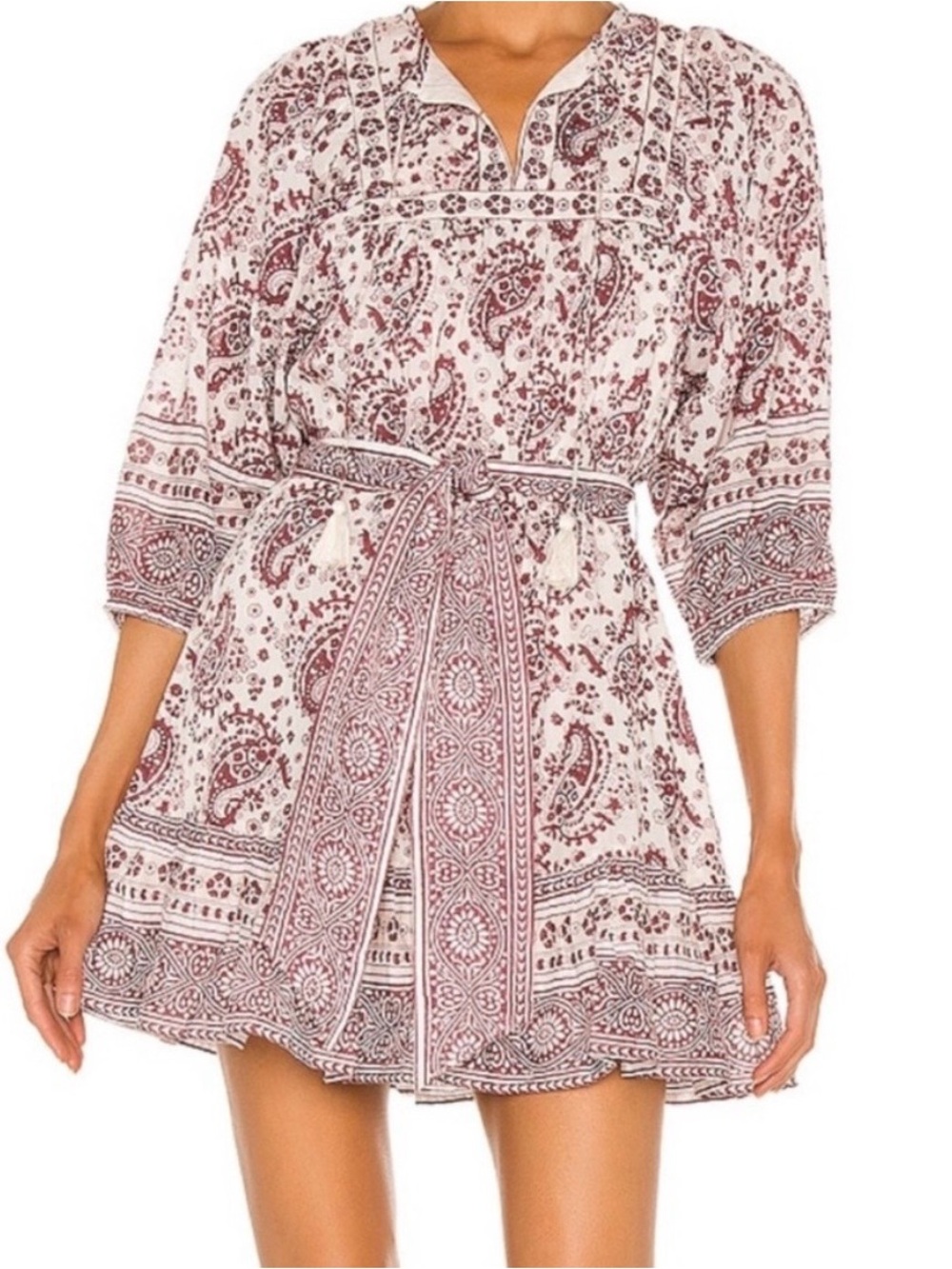 Cleobella Cream and Burgundy Floral Tie-Waist Dress